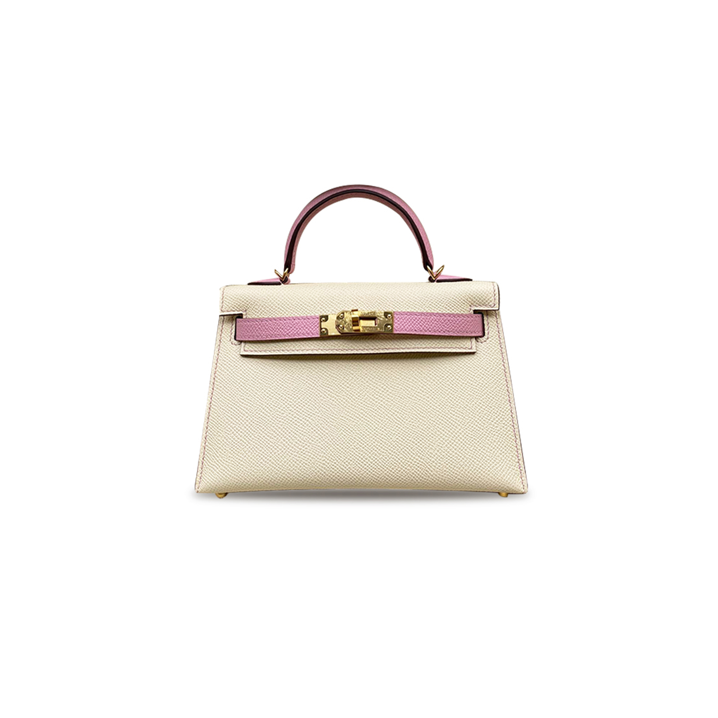 HERMÈS MINI KELLY II EPSOM CREAM WHITE MALLOW PURPLE GOLD BUCKLE (19*12*5.5cm)